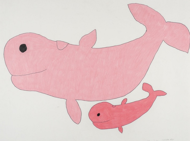 Untitled drawing of Whale with baby by Inuit artist Saimaiyu Akesuk