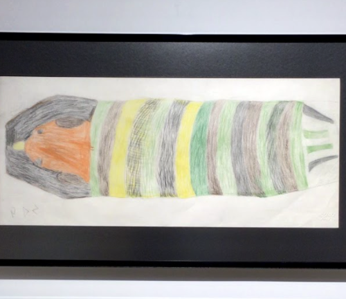 Untitled drawing (striped creature) by Inuit artist Sheojuk Etidlooie.