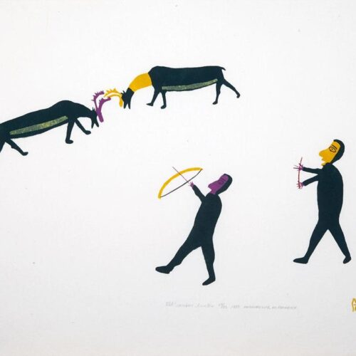 Inuit art print, Old Caribou Hunters by Luke Anguhadluq of Baker Lake