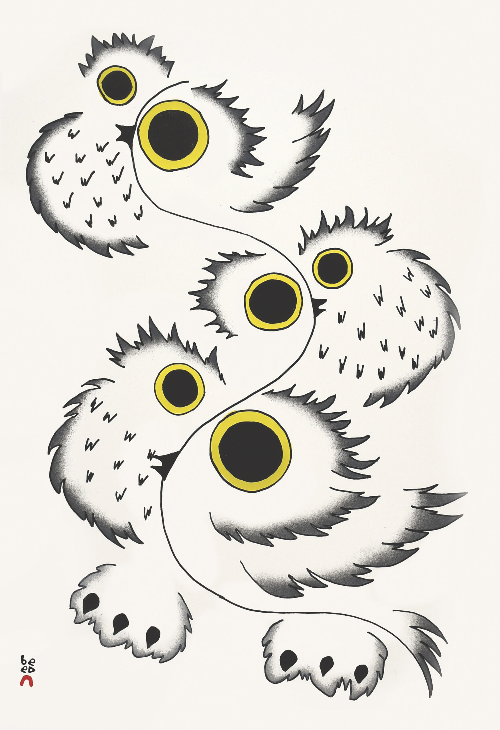 Limited Edition Print - Swirling Owls by Inuit Artist Padloo Samayualie