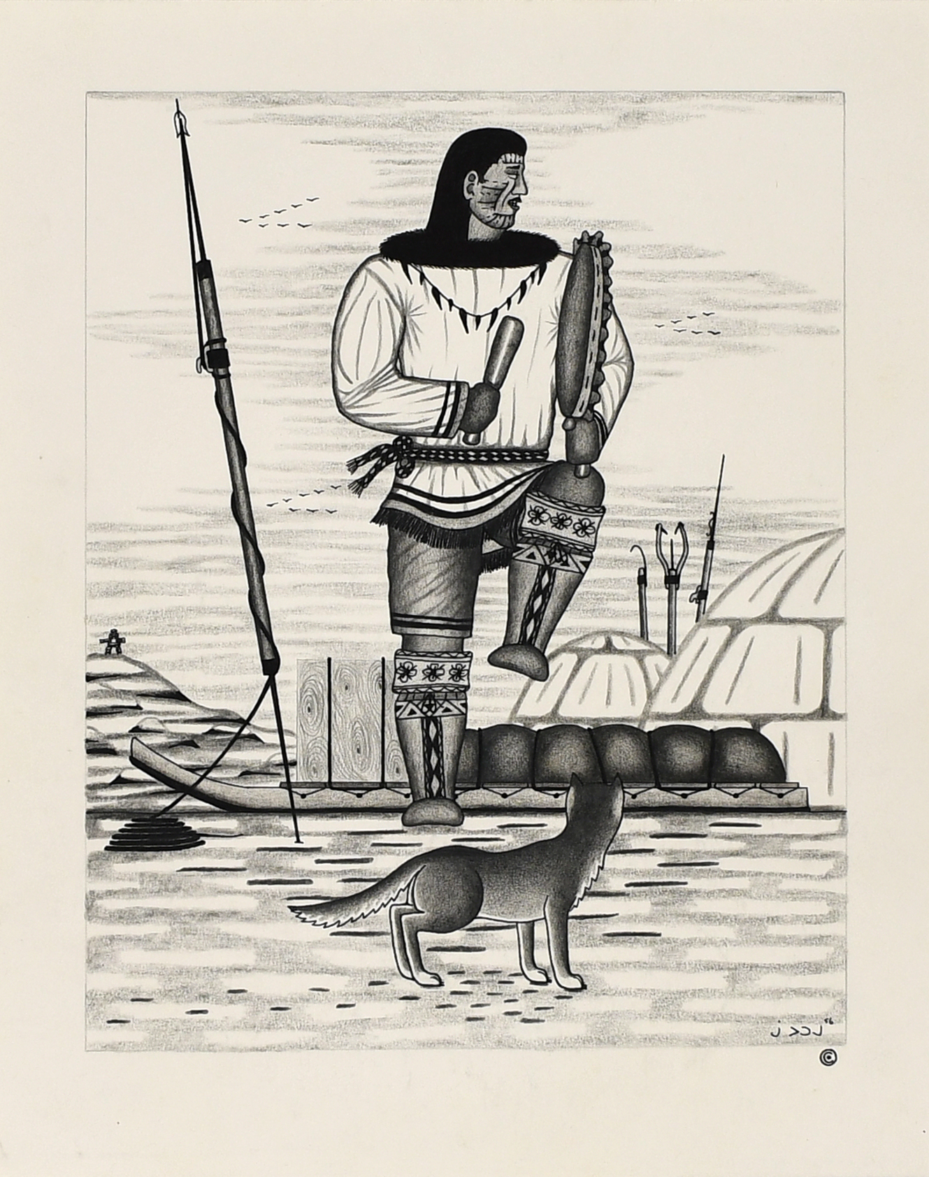 Untitled black and white drawing by Inuit artist Goo Pootoogook