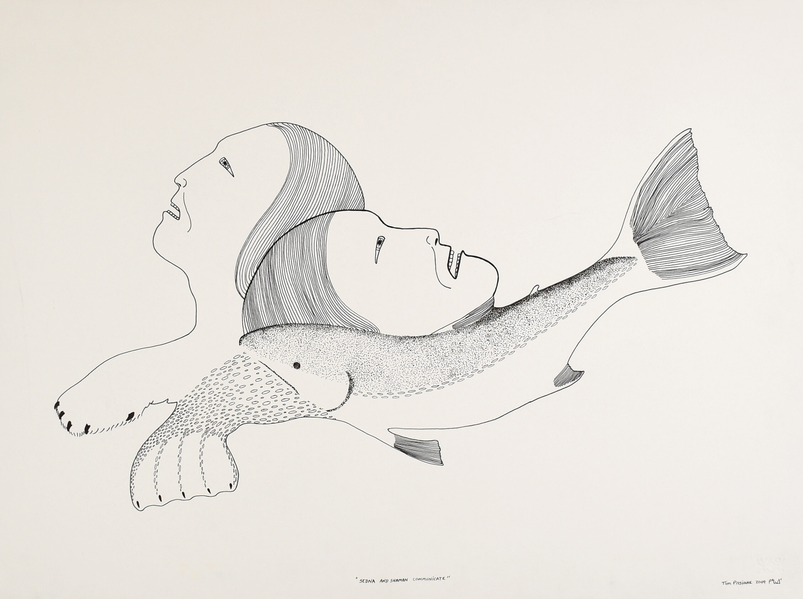 Untitled black and white transformation drawing by Inuit artist Tim Pitsiulak