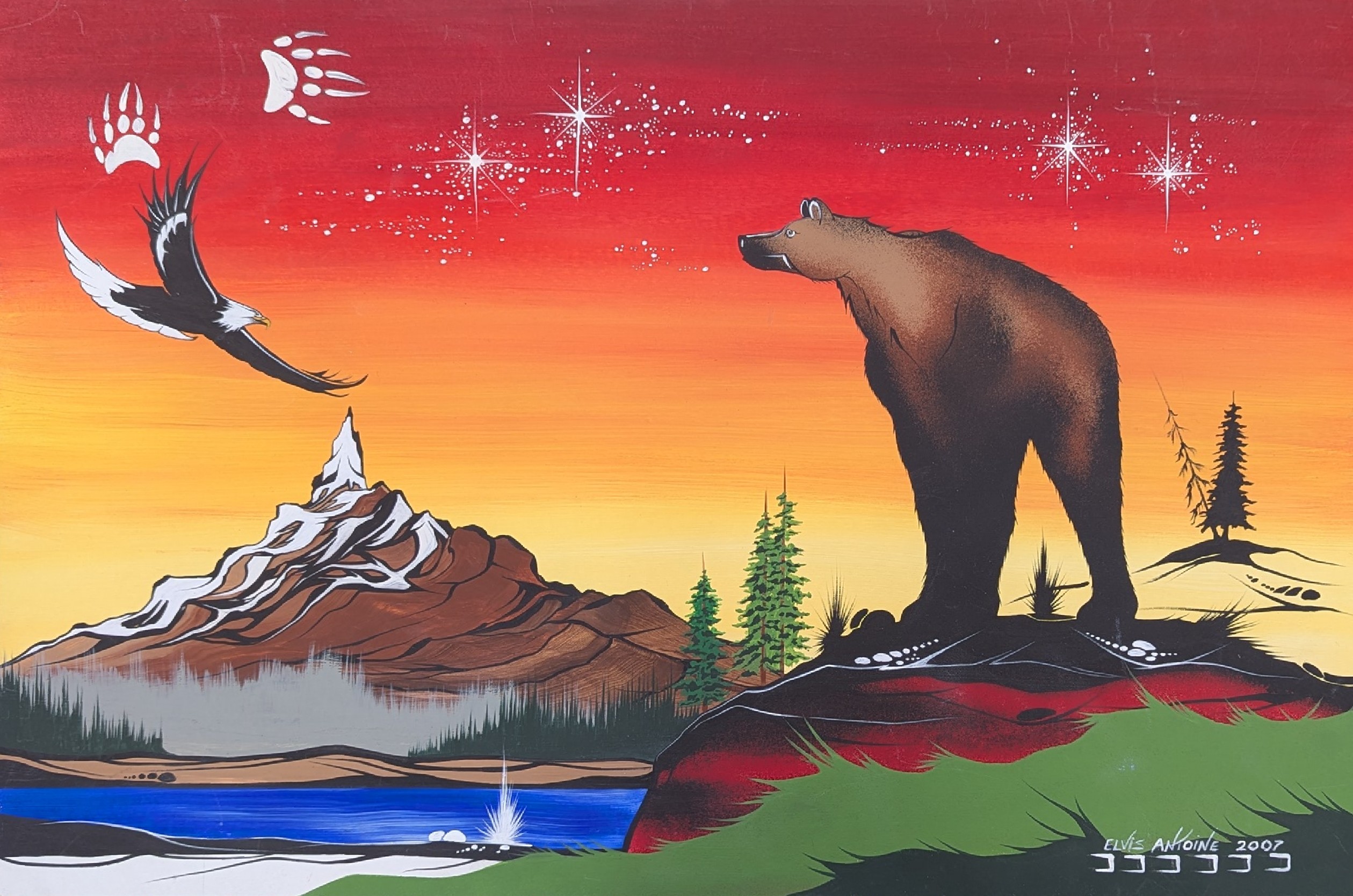 Untitled painting with Eagle and Bear on Mountainous Landscape by Indigenous artist Elvis Antoine