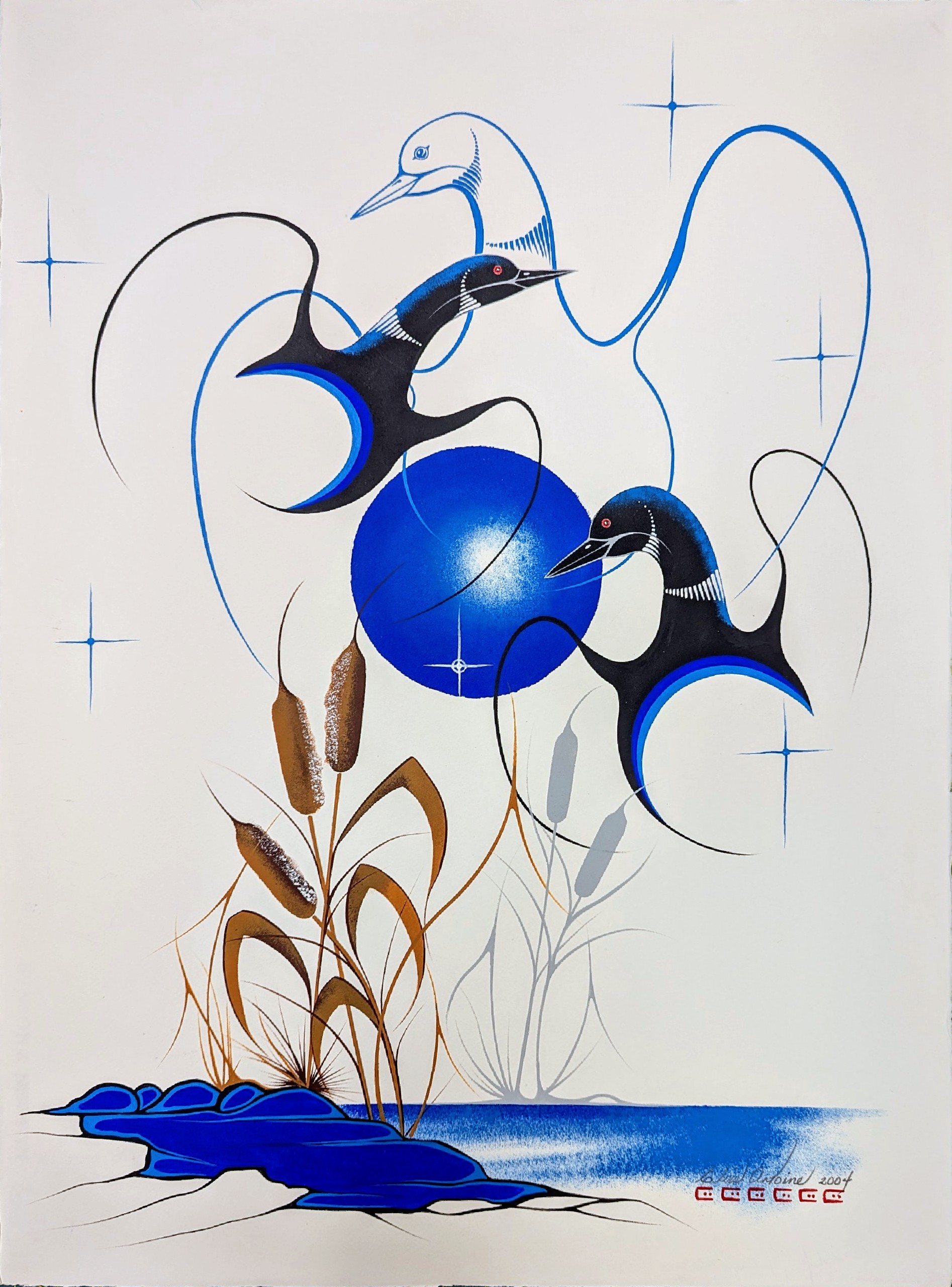 Untitled Painting of Loons by Indigenous artist Elvis Antoine