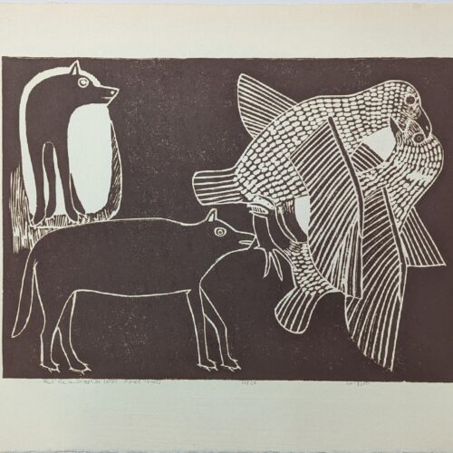 Female Wolf Watching Male Wolf, limited edition print by Inuit artist Janet Kigusiuq Uqayuittuq of Baker Lake
