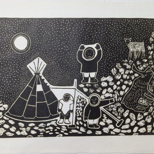 Hunters Enticing Caribou, limited edition print by Inuit artist Janet Ikuutaq from Baker Lake