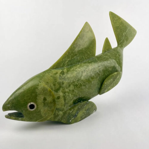 Green serpentine fish sculpture by Inuit artist Toonoo Sharky - front left full view