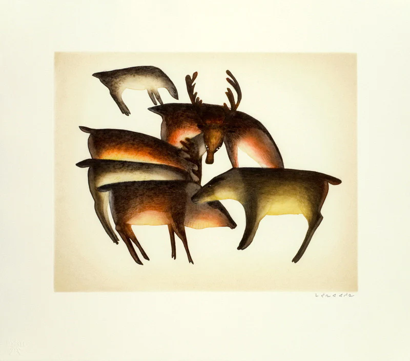 Caribou Gather - print by Inuit artist Mayoreak Ashoona