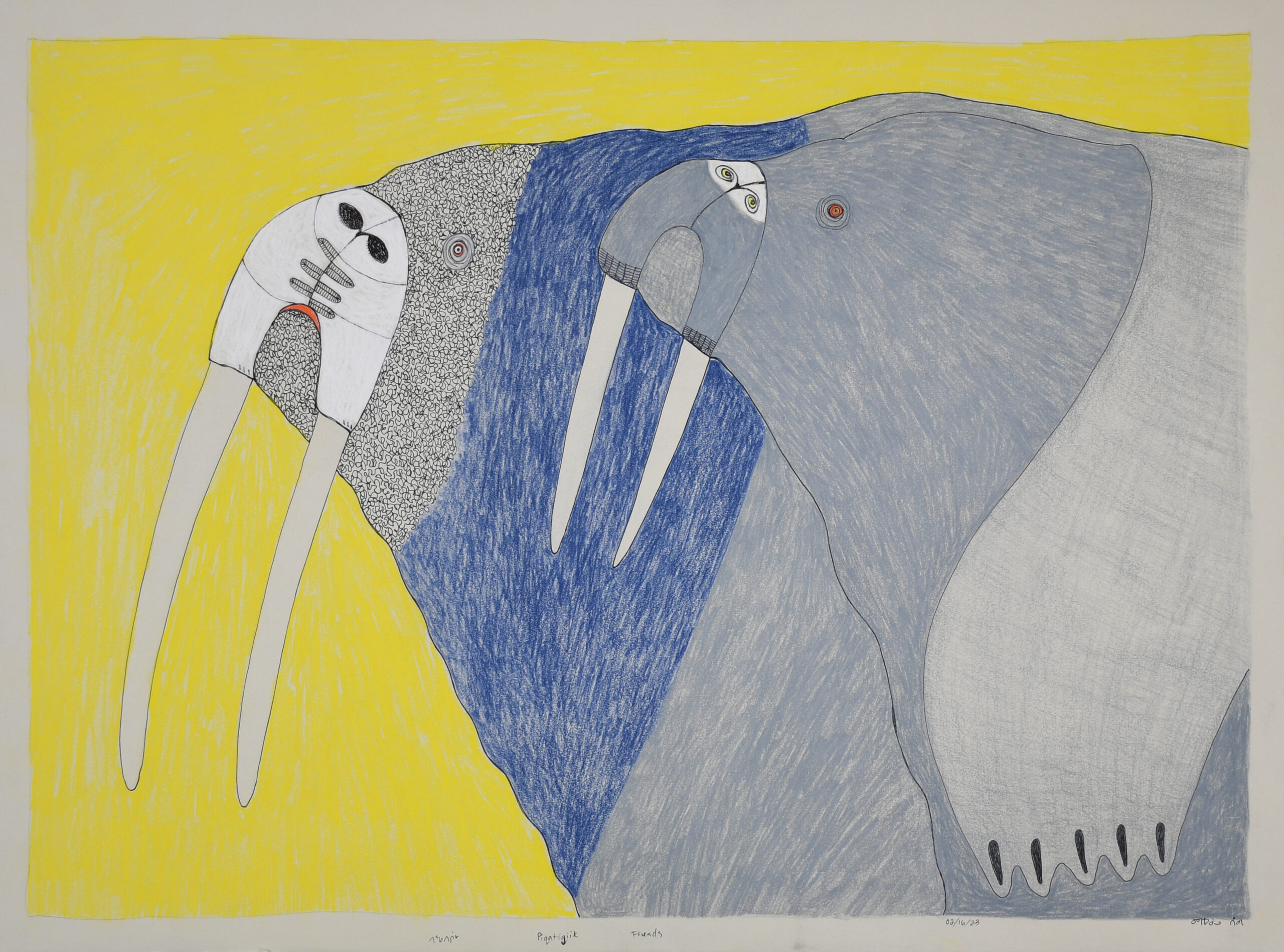 Friends - walrus drawing by Inuit artist Ningiukulu Teevee