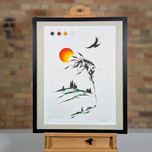 Arrival of Sacred's Helper - painting by Indigenous artist Elvis Antoine - on easel