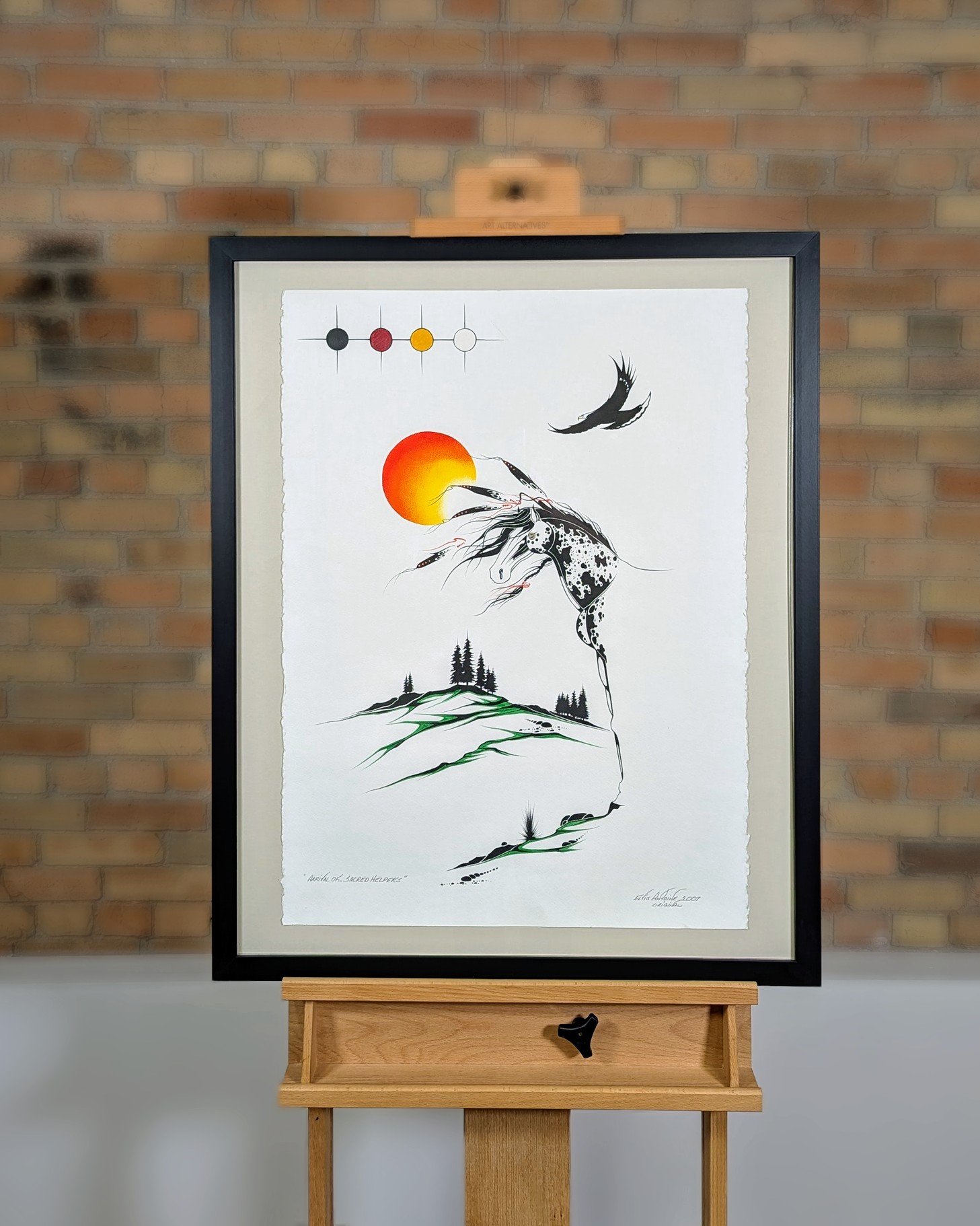 Arrival of Sacred's Helper - painting by Indigenous artist Elvis Antoine - on easel