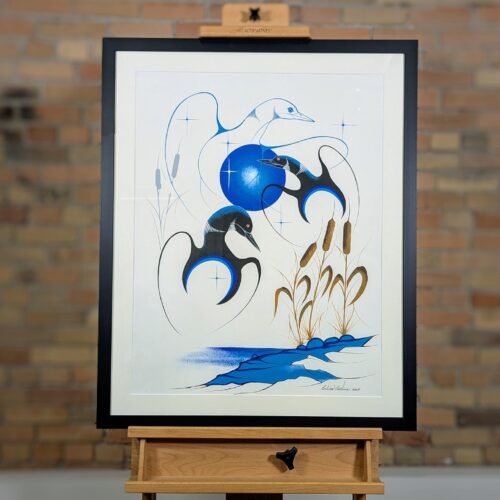 Untitled (three loons - left) painting by Indigenous artist Elvis Antoine