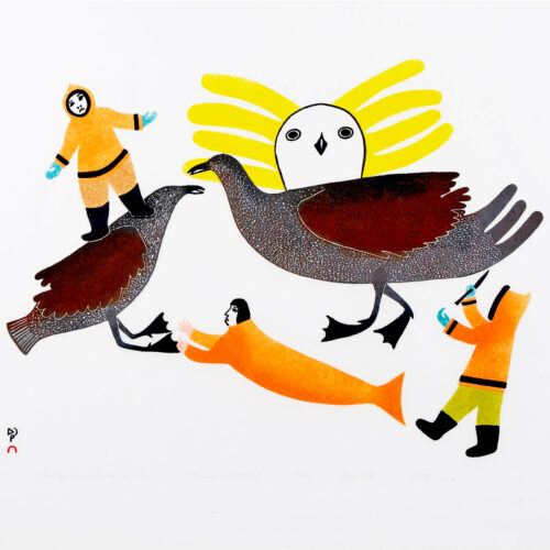 Talelayou, Giant Birds and Men - print by Inuit artist Lucy Qinnuayuak - Cape Dorset