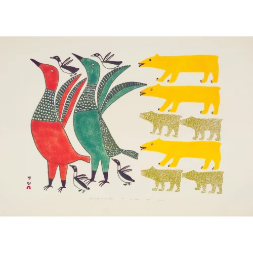 Birds Frightened By Bears - print by Inuit artist Jaimasee Teevee - Cape Dorset