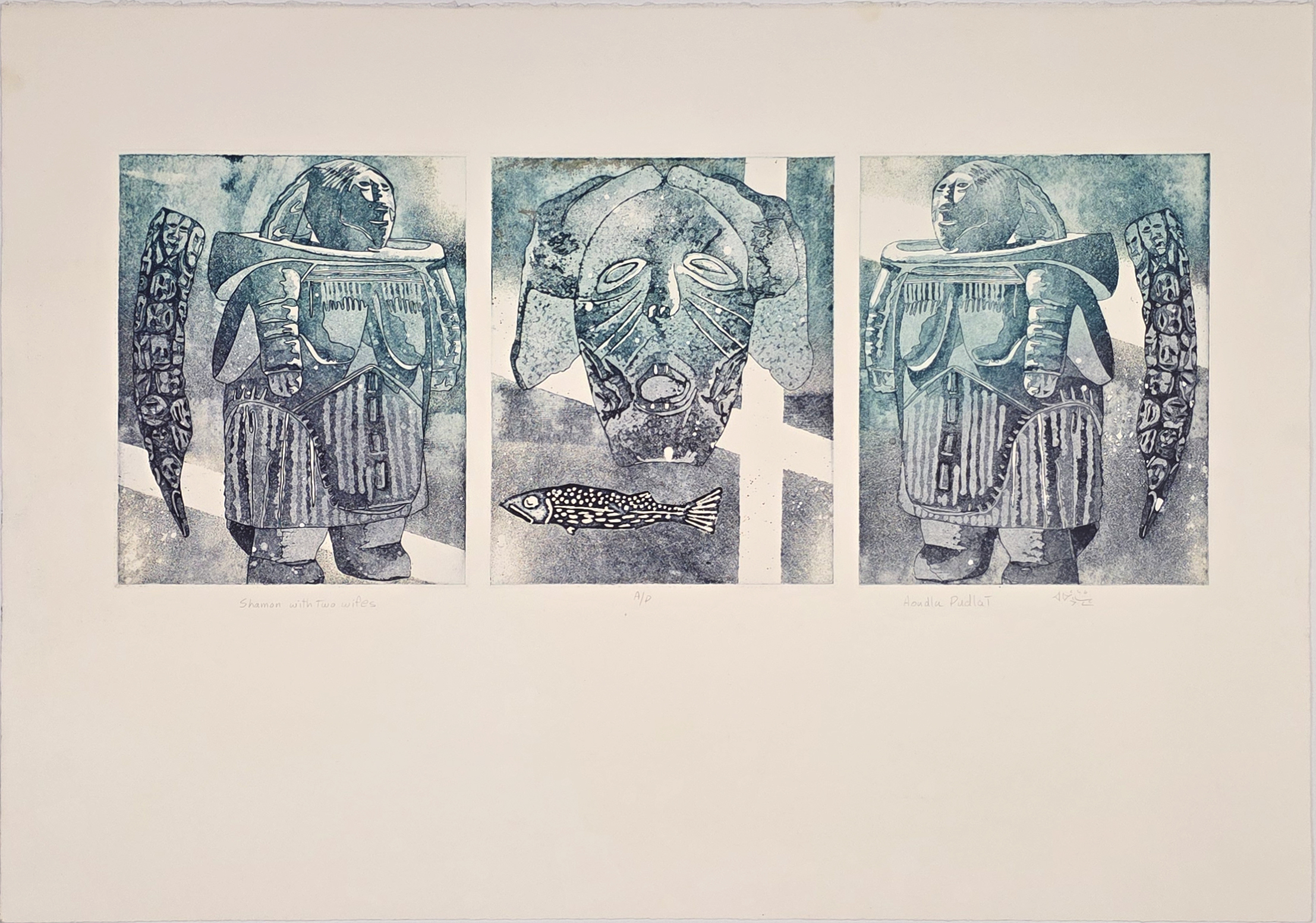 Shaman With Two Wifes-Aoudla Pudlat-Baker Lake Shaman With Two Wifes - print by Baker Lake artist Aoudla Pudlat